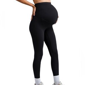 Black Maternity Leggings Over The Belly 28" Inseam Yoga Pregnancy Pants Large